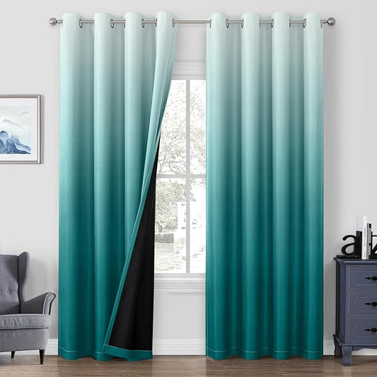 HOMEIDEAS Teal 100% Ombre Blackout Curtains for Bedroom, 52 X 84 Inches Long Room Darkening Gradient Light Blocking Thermal Insulated Grommet Drapes for Living Room, 2 Panels