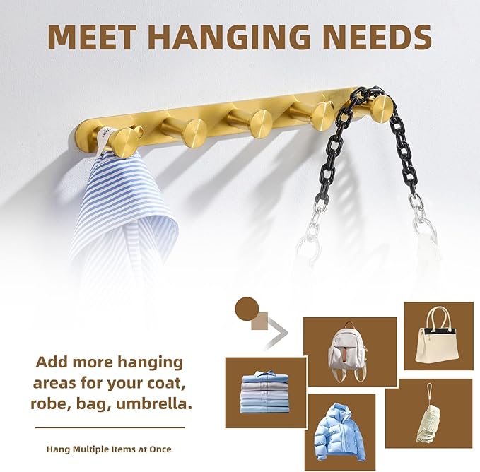 Angle Simple Towel Hook Rack Brushed Gold, SUS304 Stainless Steel Bathroom Hook Rail 5 Hooks, Utility Kitchen Towel Holder, Wall Mount