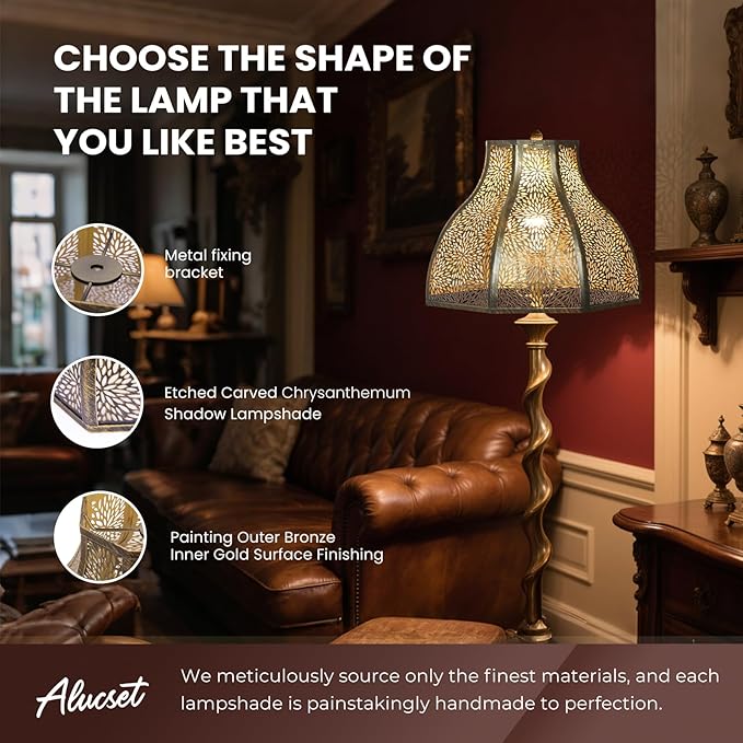 Exquisite Eight-Petal Lotus Metal Cover with Etched Chrysanthemum Pattern in Antique Bronze and Gold Finish for Table Lamp Floor Lamp Fits Living Room Bedroom ALUCSET Metal Lamp Shade