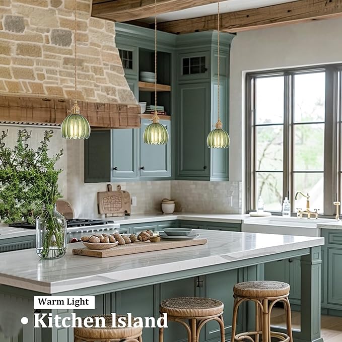 Mini Pendant Light 2 Pack with Green Tulip Glass Lmapshade, Brass Vintage Pendant Light Adjustable Hanging Light for Kitchen Island Dining Room Hallway