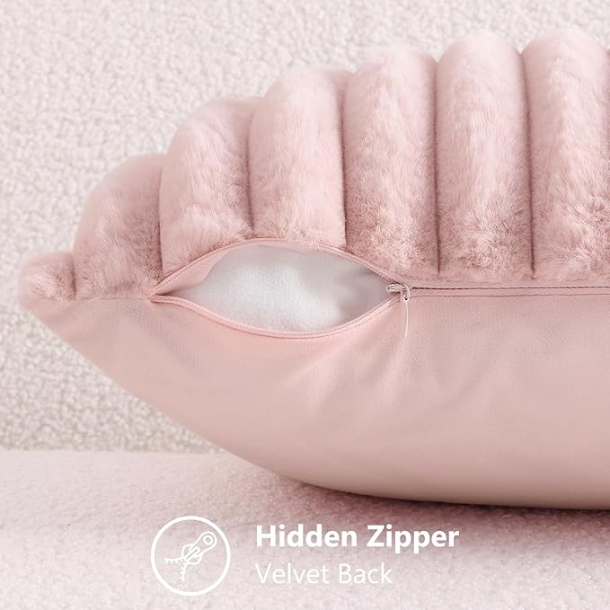 decorUhome Faux Fur Throw Pillow Covers 24x24 Set of 2, Decorative Soft Plush Striped Neutral Couch Euro Pillow Covers with Velvet Back for Sofa, Bed, Living Room Home Decor, Pink