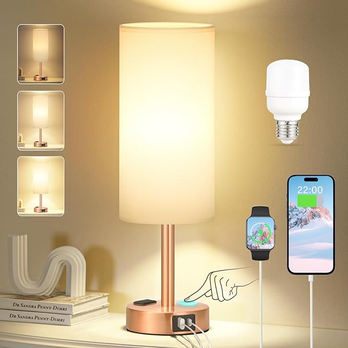 Bronze Nightstand Bedroom Lamp - 3 Way Dimmable Bedside Lamp USB C A Charging Ports and AC Outlet, Small Table Lamp White Linen Lampshade for Desk, LED Bulb Included