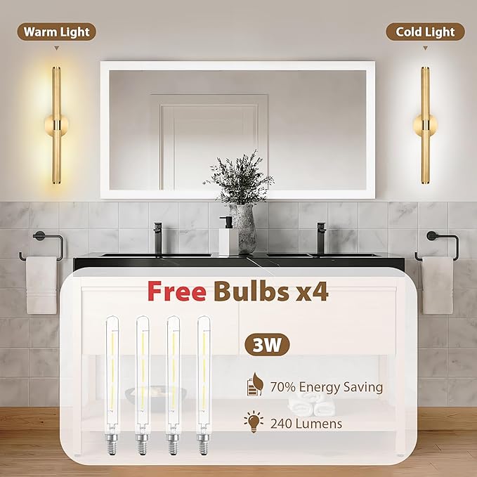 19” Brass Picture Lights, 3000K&6000K Modern Vanity Light, 360° Rotatable Wall Sconces Lampshade, Hardwired Art Light Over Picture Frame for Living Room, Bookcase, Artwork, Brass