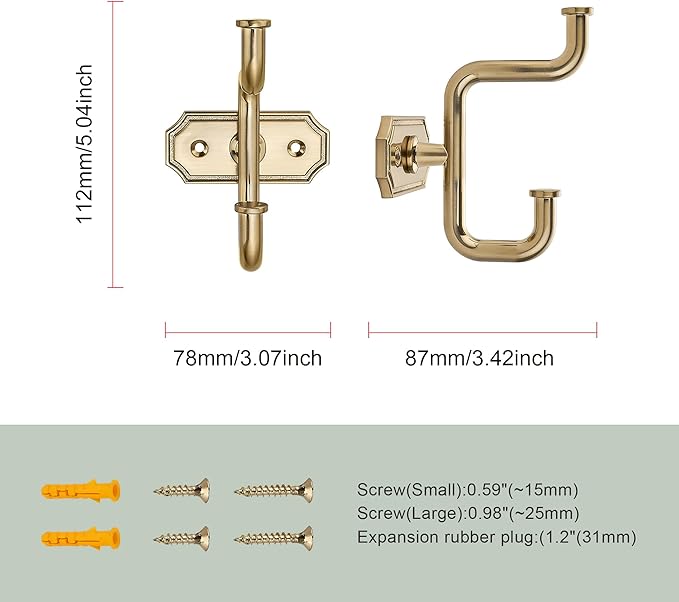 SAILING 2 Pack Coat Hooks Champagne Gold Towel Hooks Robe Hooks Decorative Wall Hooks for Bathroom Bedroom Kitchen Towel Robe Clothes Cabinet Closet Bathroom Hardware