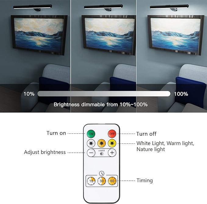 Wireless Led Picture Lights for Wall Art 2Pack 16inch Rechargeable Painting Light with Remote ,Battery Picture Lights for Art Painting Gallery Full Metal Display Light for Portait Dartboard 300lm