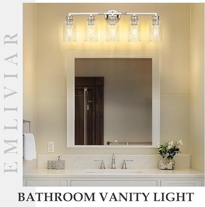 Emliviar 5-Light Brushed Nickel Vanity Light for Bathroom, Modern Vanity Sconce Over Mirror with Clear Glass Shade, YCE253B-5W BN