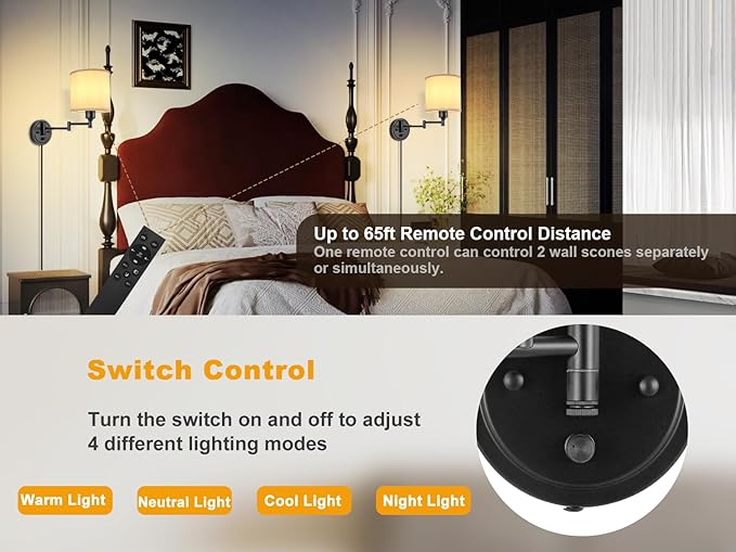 Plug in Wall Sconces with Remote Control, Dimming 10%-100% & Adjustable Colors 2700K-6500K, Hardwire or Plug-in, Swing Arm Wall Lamp with White Fabric Shade, Wall Sconces Set of Two, Black Finish
