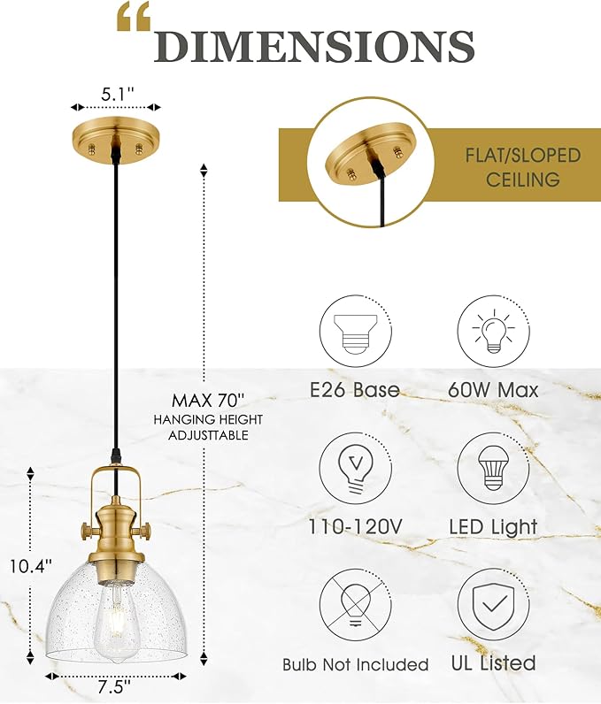 Pendant Lights Kitchen Island 2 Pack, 7.5" Farmhouse Pendant Lighting with Clear Seeded Glass Shade, Vintage Hanging Light Fixtures for Dining Room, Brushed Gold, AD-22151-1P2-GD