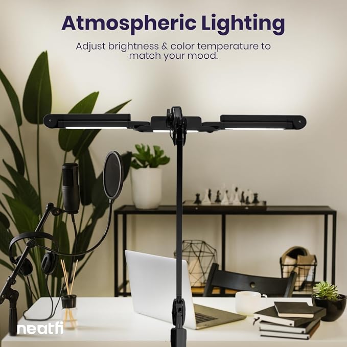 (New Model) Neatfi 3,000 Lumens LED Desk Lamp, Dimmable Light with 360 SMD LEDs, 30W, CRI 95, Adjustable Color Temperature, Task Lamp for Home, Office, and Workbench (CCT with Clamp, Black, 44 Inches)