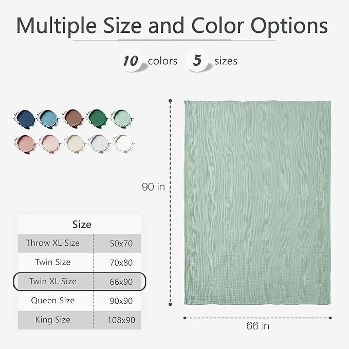 Carriediosa 100% Cotton Muslin Throw Blanket 66" X 90" Twin XL Size，4-Layers Summer Gauze Throws for Bed Couch，Soft Lightweight Breathable Linen Blankets Bedspread for Adults All Season，Sage Green