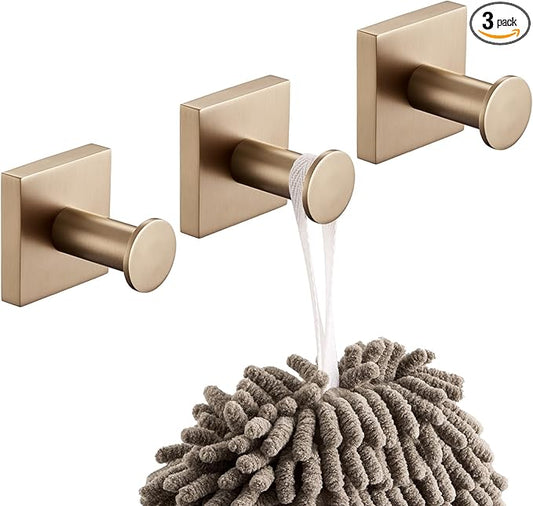 KOKOSIRI Robe Hooks Bath Towel Hooks for Wall Closet Kitchen Hanging Towels Bathroom Hardware Champagne Bronze Stainless Steel 3 Pack, B1016CPG-P3