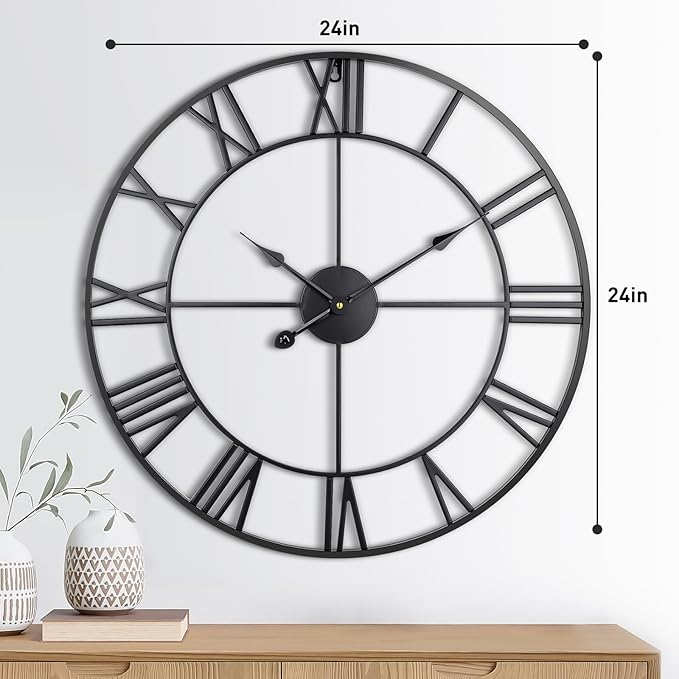 Large Wall Clock, 24-Inch(60CM) Roman Numeral Decorative Art Clock,Completely Silent, Non Ticking, Battery-Operated Metal Wall Clock for Living Room, Bedroom and Kitchen (Carbon Black)