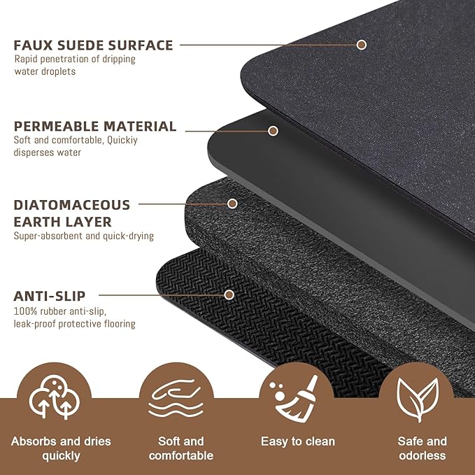 Diatomaceous earth bath mat Bathroom Rugs Sets 3 Piece Super Absorbent Quick Dry Bath Mats, Rubber Non Slip Shower Mat and Toilet Mat U Shape, Shower Rug for in Front of Bathtub Shower, Dark Grey