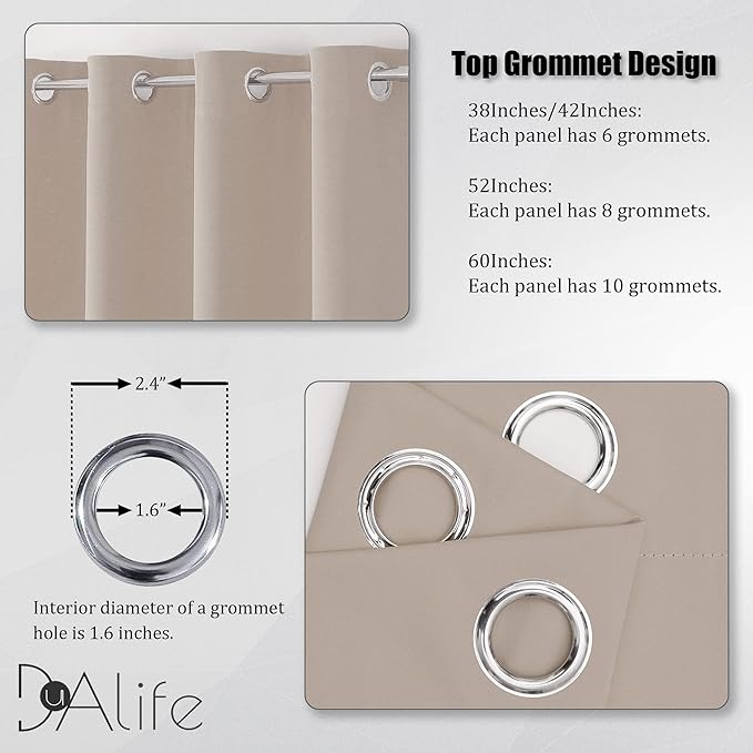 DUALIFE Light Brown Blackout Curtains 72 Inches Long - Thermal Insulated Room Darkening Curtains for Bedroom 52 x 72 Inch, Grommet Top, 2 Panels, Warm Taupe