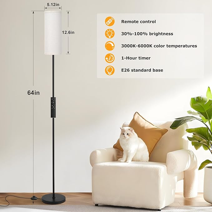 Ambimall 64'' Floor Lamps for Living Room with Remote Control and Stepless Dimmable Colors Temperature & Brightness, 9W Bulb Included(Beige Lampshade & Black Pole)