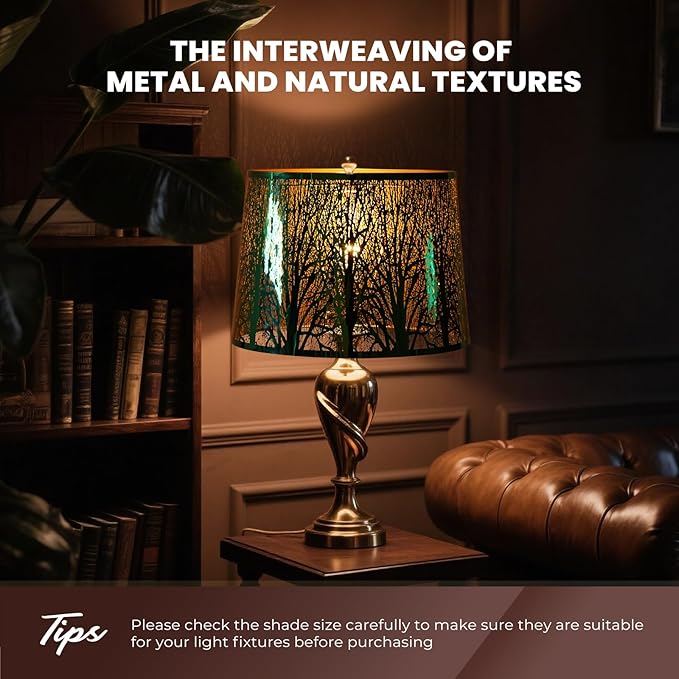 ALUCSET Stainless Steel Large Lampshade, Drum Lamp Shade 11" Top x 13" Bottom x 10" High, Large Lamp Shades for Table and Floor Lamps, Green Polished Etched Forest Replacement Shade, Spider Fitter