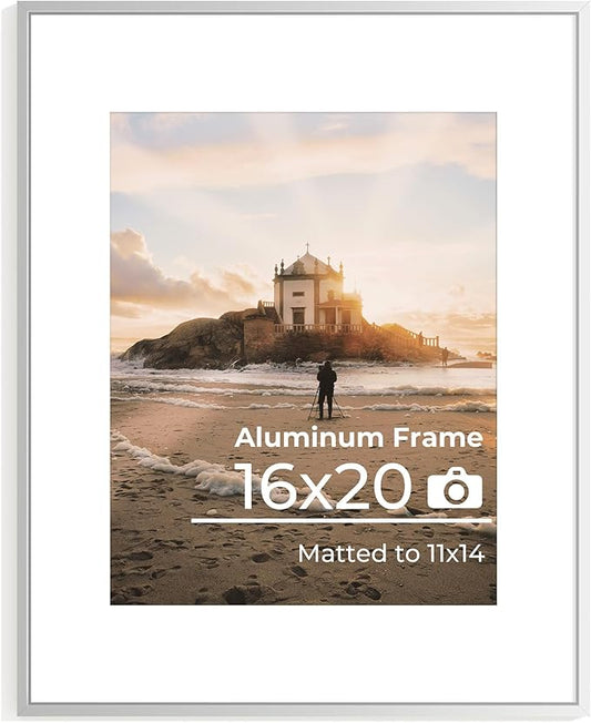16x20 Metal Picture Frame Silver, Aluminum Poster Frame with Removable Mat for 11x14 Photo, 16 x 20 Thin Hanging Frames, Simple and Elegant Decor for Wall Mounting, 1 Pack