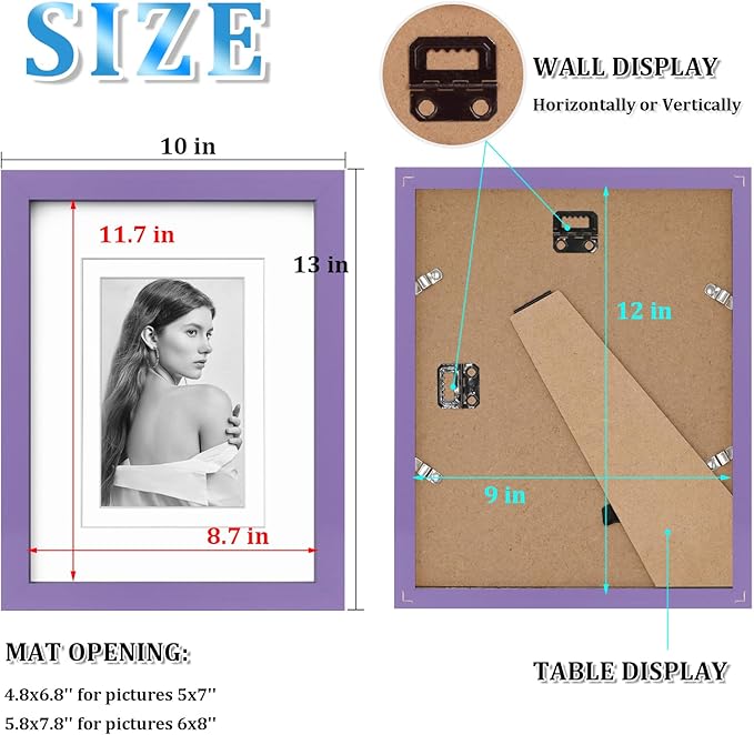 Egofine 9x12 Picture Frames 4PCS Covered by Plexiglass, Wood Frames for Pictures 5x7/6x8 with Mat or 9x12 without Mat, Tabletop and Wall Mounting Display, Purple