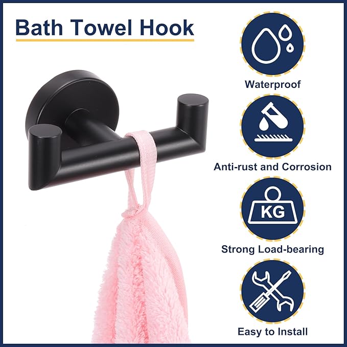 uxcell Double Towel Hook, Stainless Steel Coat Hook, Wall Mount Robe Hooks Hand Towel Hanger for Bathroom Kitchen Living Room, Black