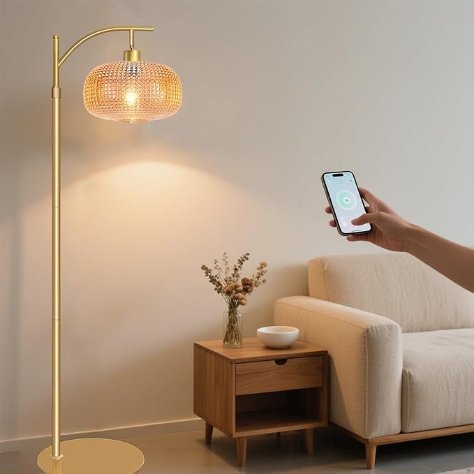 Glass Floor Lamp for Living Room with Amber Glass Lampshade, Dimmable Modern Floor Light with 12W LED Bulb, Remote Control Tall Standing Lamp for Bedroom