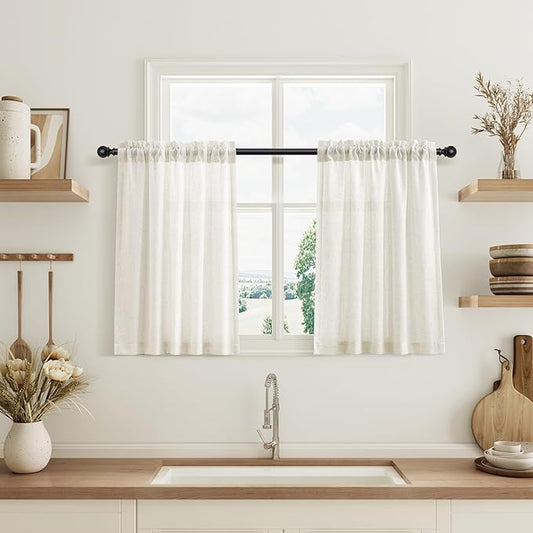 Guken Linen Curtains 30 Inch Length, Short Kitchen Curtains for Bedroom Basement, Light Filtering Small Drapes for Bathroom Laundry Room RV Window Treatments Rod Pocket, 30" Wx30 L Natural 2 Panels