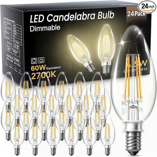 TJOY LED Candelabra Bulbs Dimmable, 60W Equivalent Chandelier Light Bulb, E12 Small Base, 4.5W 2700K Soft Warm White, B11 Vintage Filament Clear Glass Candle Light for Ceiling Fan Chandeliers, 24Pack