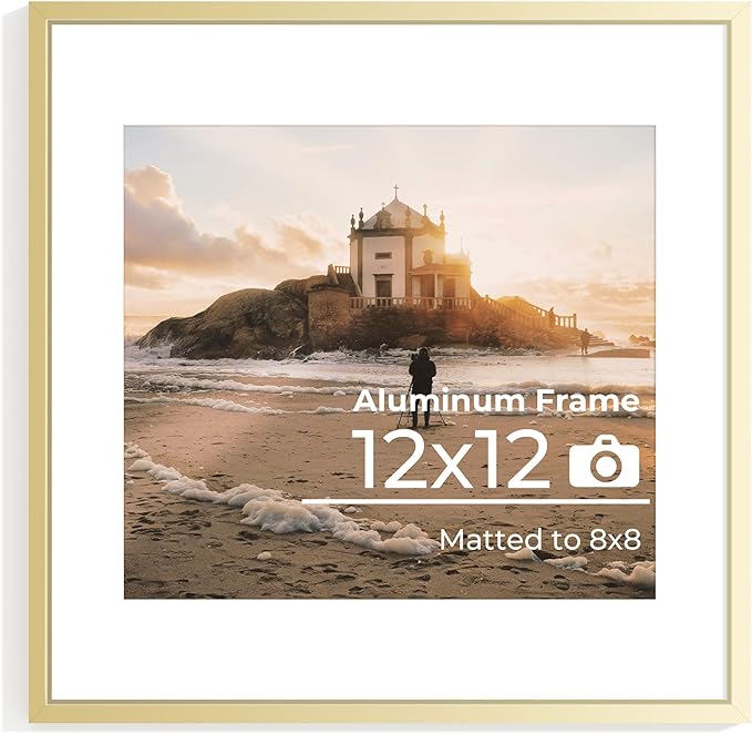 12x12 Metal Picture Frame Golden, 12x12 Durable Thin Aluminum Photo Frames with Removable Mat for 8x8 Photo, Wall Hanging Metal Poster Frame with High Definition Plexiglass, Set of 1