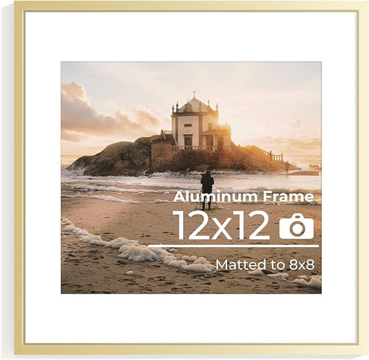12x12 Metal Picture Frame Golden, 12x12 Durable Thin Aluminum Photo Frames with Removable Mat for 8x8 Photo, Wall Hanging Metal Poster Frame with High Definition Plexiglass, Set of 1