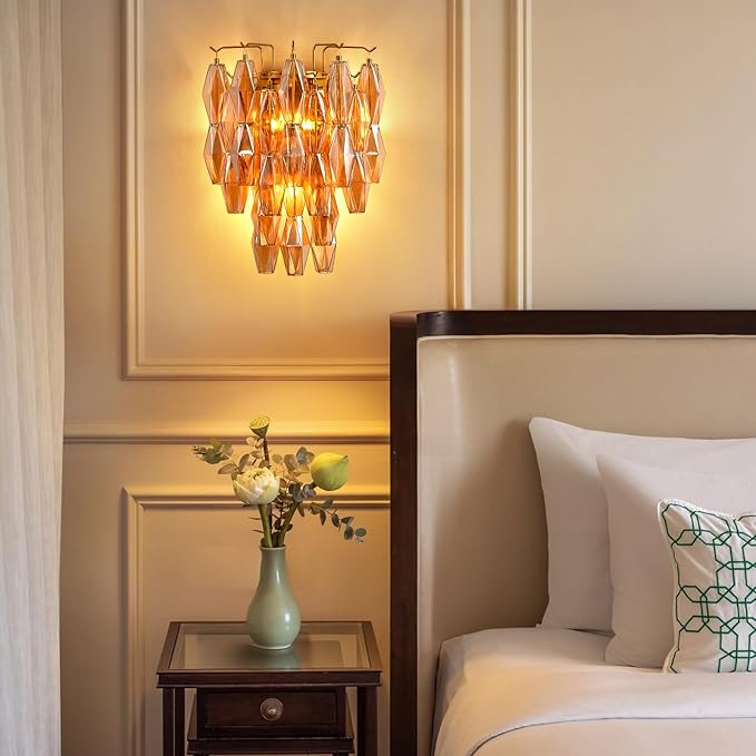 Brass Wall Sconce, Modern Gold Sconce Wall Lighting, Amber Glass Sconces for Bathroom, Luxury Wall Lights for Living Room, Wall Lamp for Bedroom, Vanity Light for Hallway, Staircase