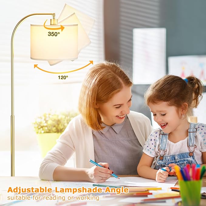 Arc Floor Lamp with Remote and Stepless Dimmable Bulb, Colors Temperature & Brightness Adjustable, Floor Lamps for Living Room（White Shade & Gold Pole）