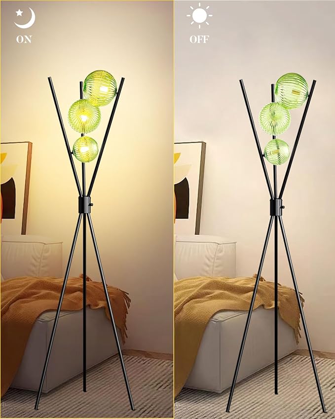 Lightdot 60IN Dimmable Black Tripod Floor Lamp, Mid Century Standing Lamps with 3 Globe Green Glass Lampshade, 3000K Bulbs Included Modern Tall Lamp for Living Room Bedroom