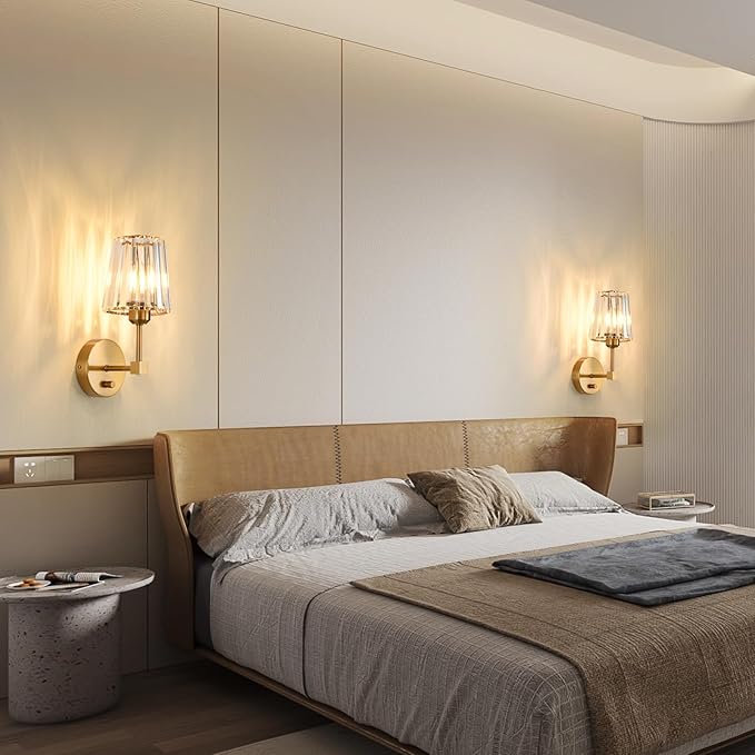 Crystal Wall Sconces Set of 2, Dimmable Wall Sconce with Plug in Cord and Dimmer Gold Plug in Wall Lamp Wall Mounted Light with Crystal Shade for Living Room Bedroom Vanity Light, Bulbs Included