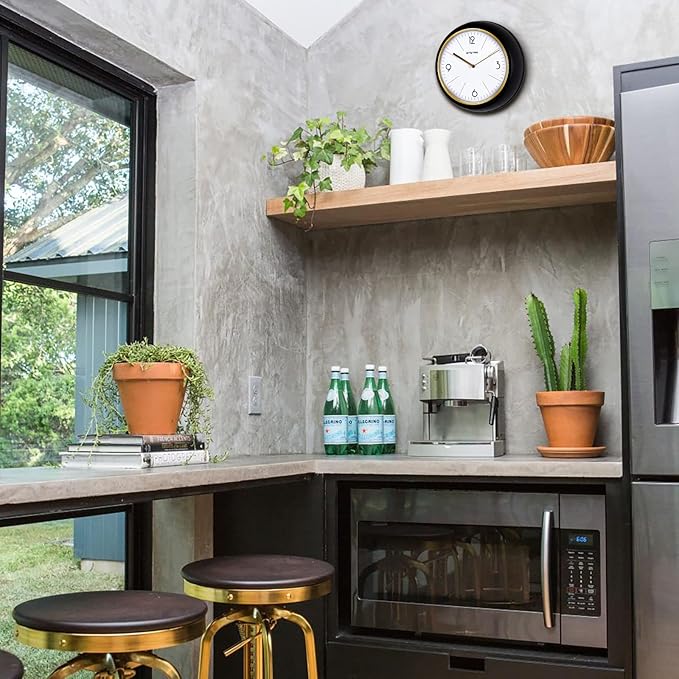 Retro Wall Clock Kitchen 50's Vintage Design Quality Quartz Battery Operated Round Silent Non Ticking for Home School Office Camper Trailer Black 9.5 inch Mid-Century Look