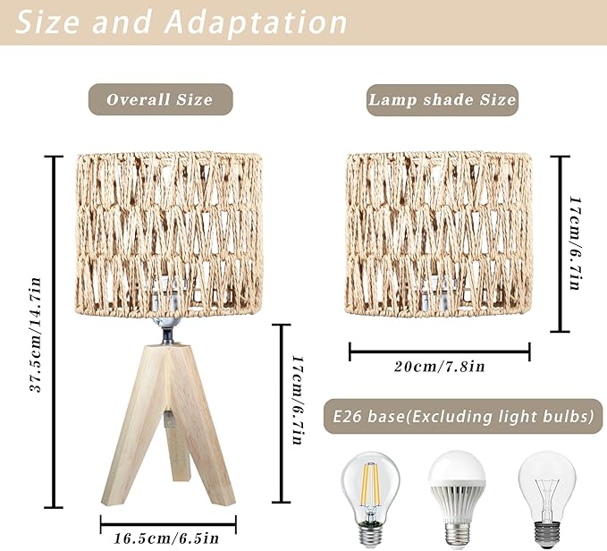 Tripod Table Lamp Light with Birch Color Wooden Base, Wooden Desk Lamp with Rattan Lampshade, 14.37 in Small Lamps, E26 Base Bedside Lamps for Night Stands, Home, Office, Living Room, Dorm(Triangle)