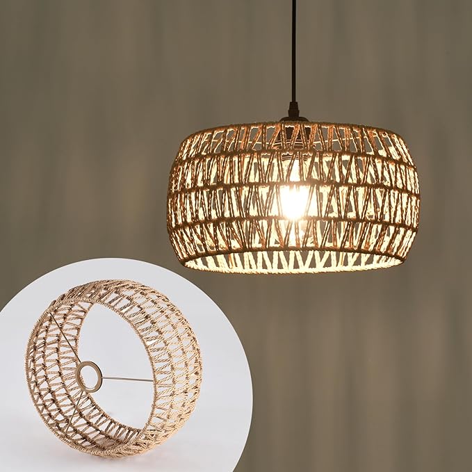 13" Rattan Lamp Shade, Bohemian Handmade Woven Lampshade for Kitchen Island Dining Room Living Room Farmhouse Rattan Hanging Lamp Shade 1 -Pack