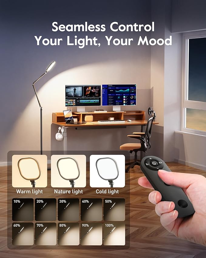 LED Floor Lamp for Office, 30 Lighting Modes Dimmable Standing Lamp with Memory & Timer Function, Soft Eye-Caring Office Lamp, Adjustable Swing Arm Reading Floor Lamp