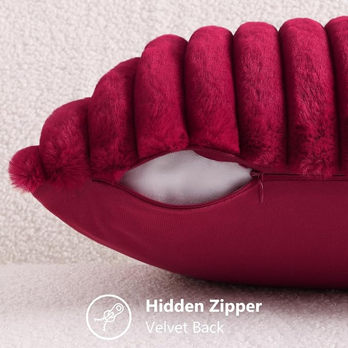 decorUhome Faux Fur Christmas Throw Pillow Covers 20x20 Set of 2, Decorative Soft Plush Striped Neutral Couch Euro Pillow Covers with Velvet Back for Sofa, Bed, Living Room Home Decor, Burgundy