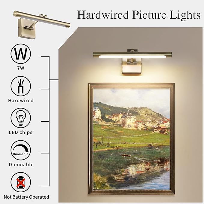Joosenhouse Picture Light for Painting Dimmable Art Display Light with Adjustable Swing Arm for Picture Frame Light Artworking Portrait -Antique Bronze 7W Hardwired Connection Warm White