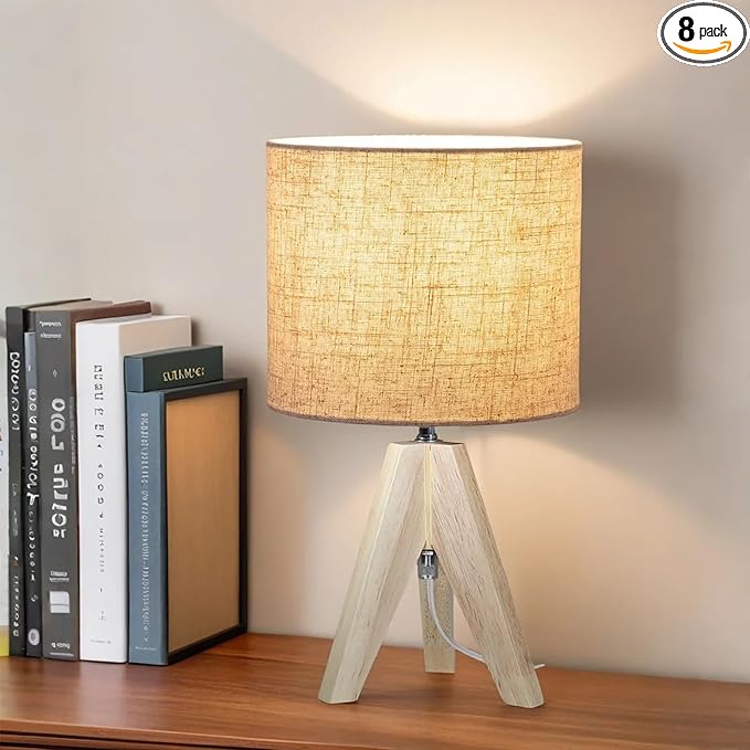 Tripod Table Lamp, Wooden Desk Lamp with Linen Beige Lampshade, 14.37 in Small Bedside Lamps, Birch Color Wooden E26 Base Lamps for Night Stands, Home, Office, Living Room, Dorm(Bohemian)