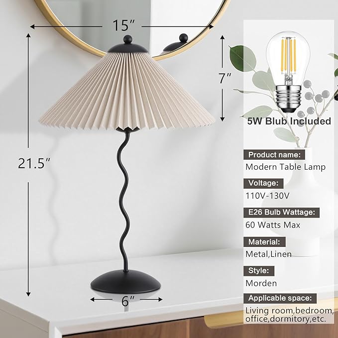 Pleated Table Lamp, S Tube Modern Table Lamp for Bedroom, Bedside Lamps with Organic Textured Linen Lampshade for Nightstand Bedroom Home Office Decor, Black