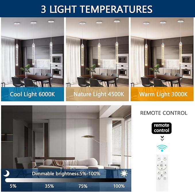 1-Light Modern Crystal Pendant Lighting LED Dimmable Pendant Light Kitchen Island Dining Room