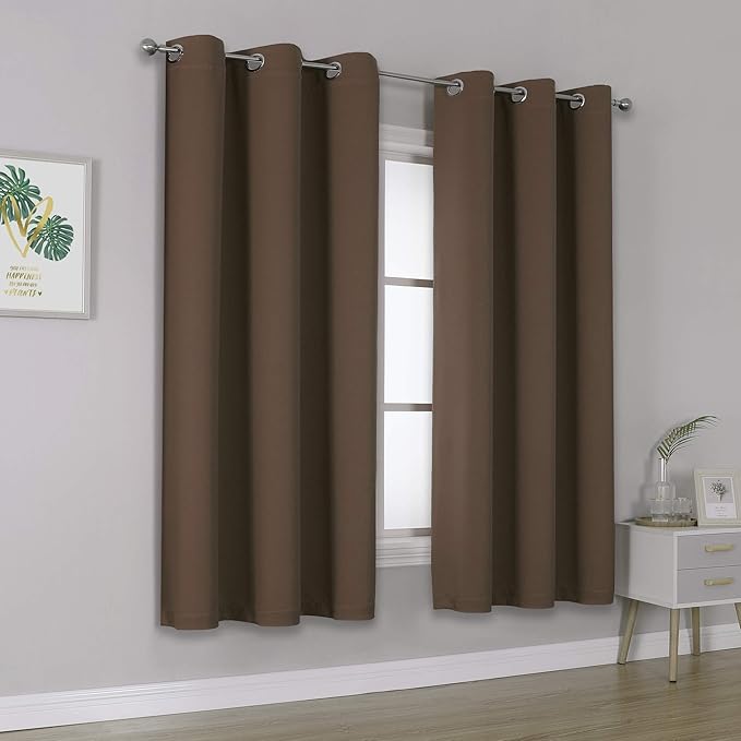 DUALIFE Chocolate Brown Thermal Blackout Curtains for Bedroom -Dark Brown Cafe Curtains 42 x 63 Inches Long Room Darkening Widow Drapes for Living Room 2 Panels, Grommet Top