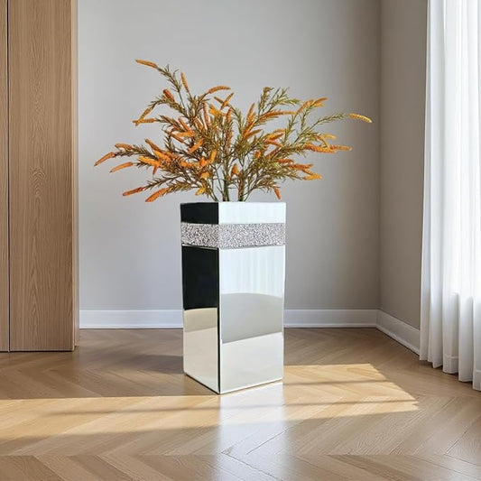Crushed Diamond Vase Mirrored Sliver Vase (6.5" L x 6.5" W x 15" H)