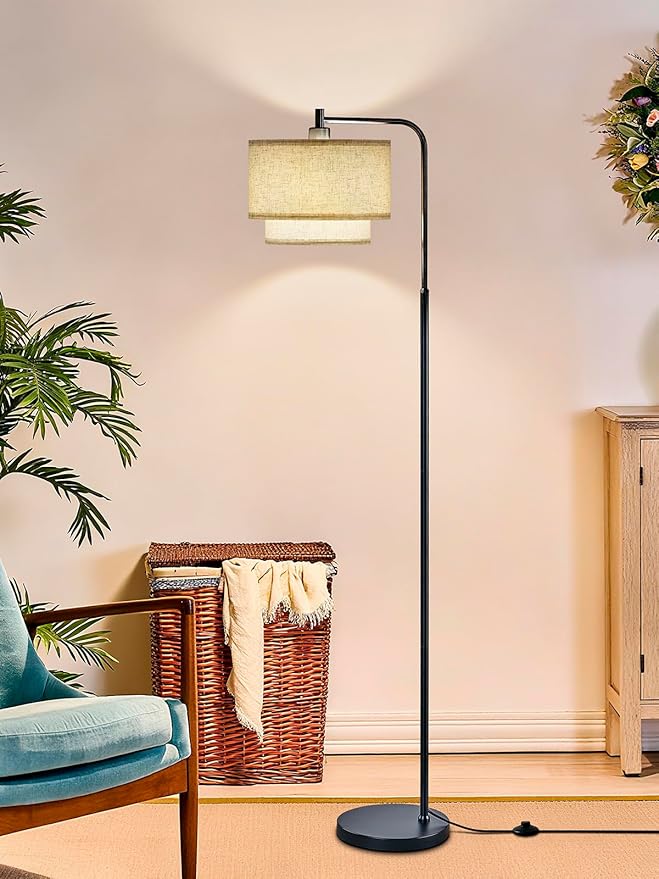 Modern Floor Lamp for Living Room Bedroom, Arc Floor Lamp with 3 Color Temperatures, Standing Lamp with Double Oatmeal Linen Lampshade, Tall Lamp with A19 12W LED Bulb, Foot Switch Control, Black