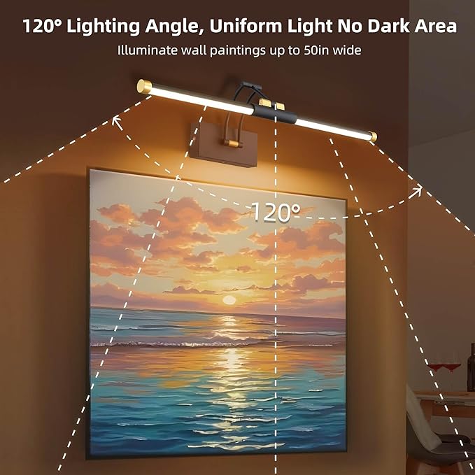 24“ Picture Lights for Wall Battery Operated, Wireless Picture Lights with Remote, Rechargeable Wall Light 3000K/4000K/6000K Dimmable, Art Lighting for Paintings Frame Gallery Dartboard, Black Gold