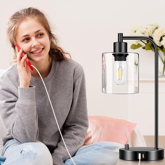 Industrial Table Lamp with 2 USB Charging Ports, Fully Stepless Dimmable Modern Nightstand Lamp, Glass Shade Bedside Desk Lamp for Bedroom Living Room Office, 8W 2700K LED Edison Bulb Included