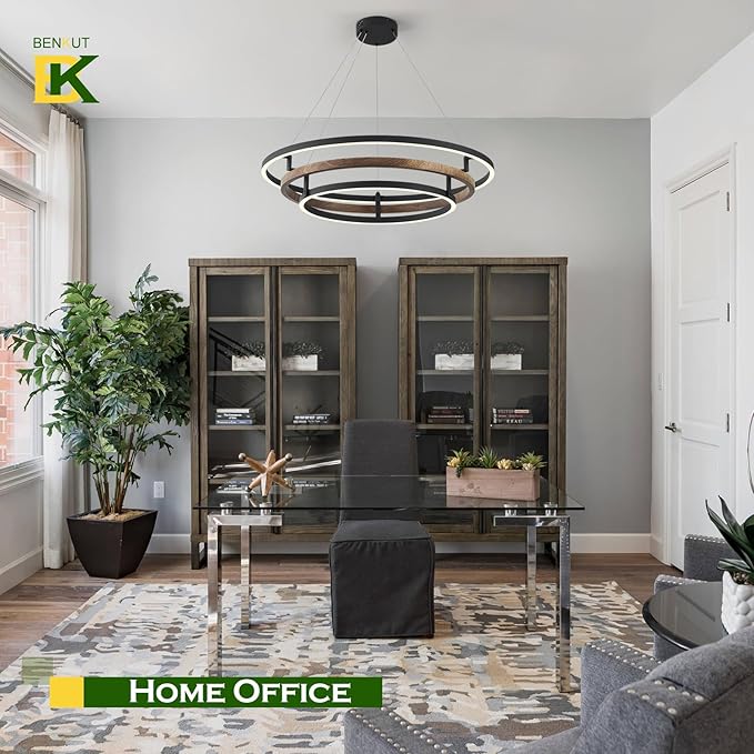 3 Rings Modern LED Chandelier Black Dimmable Circular Pendant Light for Dining Room, Foyer Chandelier with Remote Control Flush Mount High Ceiling Light for Kitchen Living Room, D30.7In