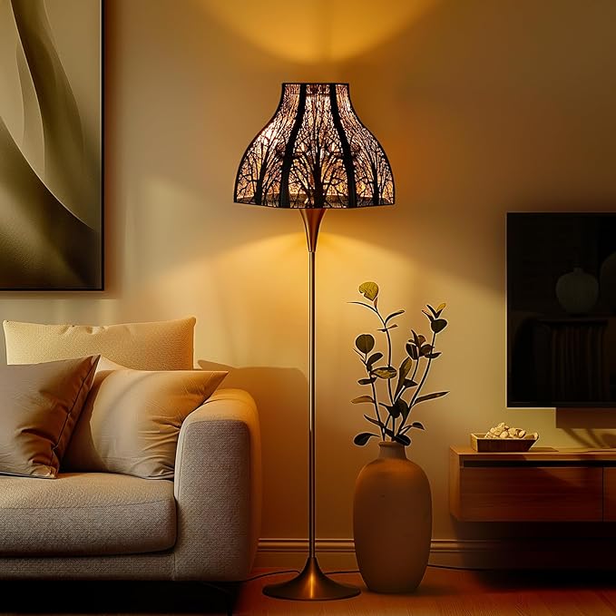 Etched Forest Large Metal Lampshade 5.32 X 13 X 9.5 Inch 8-petal Lotus Shape Fits for Floor Lamp Table Lamp for Living Room Bedroom(Outer Black Inner Gold)