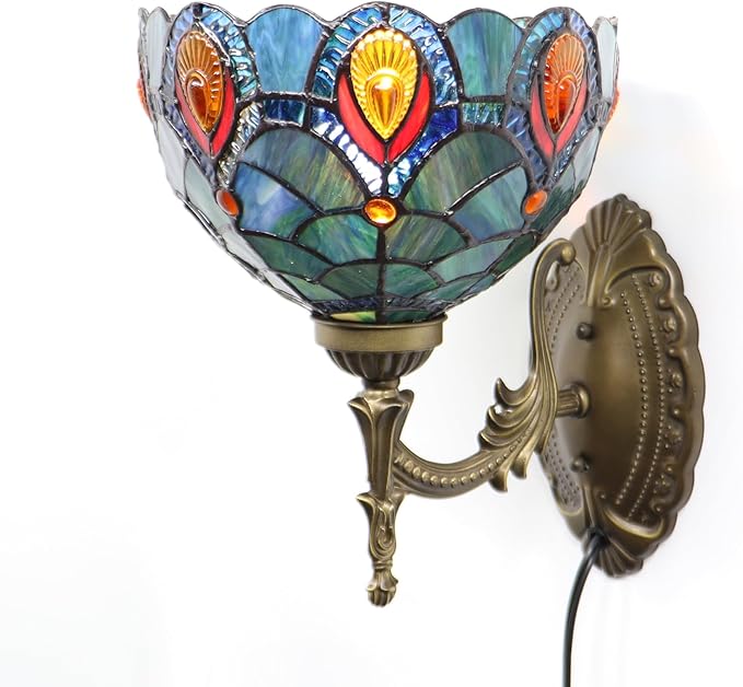 Tiffany Sconce Lamp Stained Glass Wall Lamp,8X10.5X11 Inch Plug in Wall Bedside Light for Hallway Bedroom (Brown Crystal)