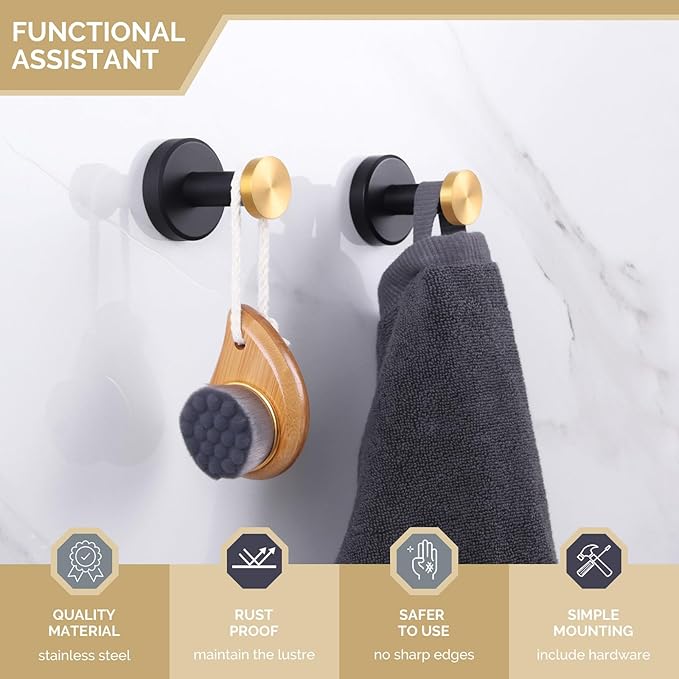 Angle Simple Hand Towel Holder Black & Gold 2 PCS, Stainless Steel Bath Towel Hook, Bathroom Robe Hanger Wall Mount